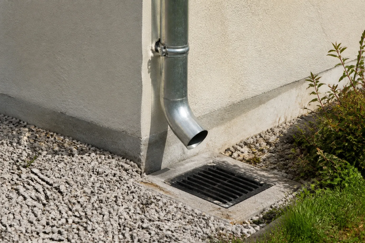 Descente d’eaux pluviales et regard au pied d’une maison