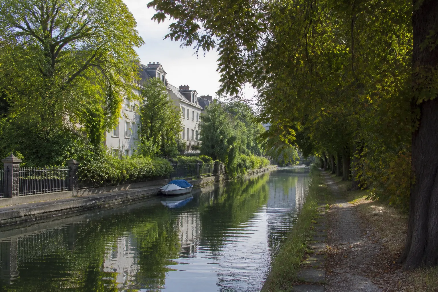 Canal bordé d'arbres et d'habitations en Alsace