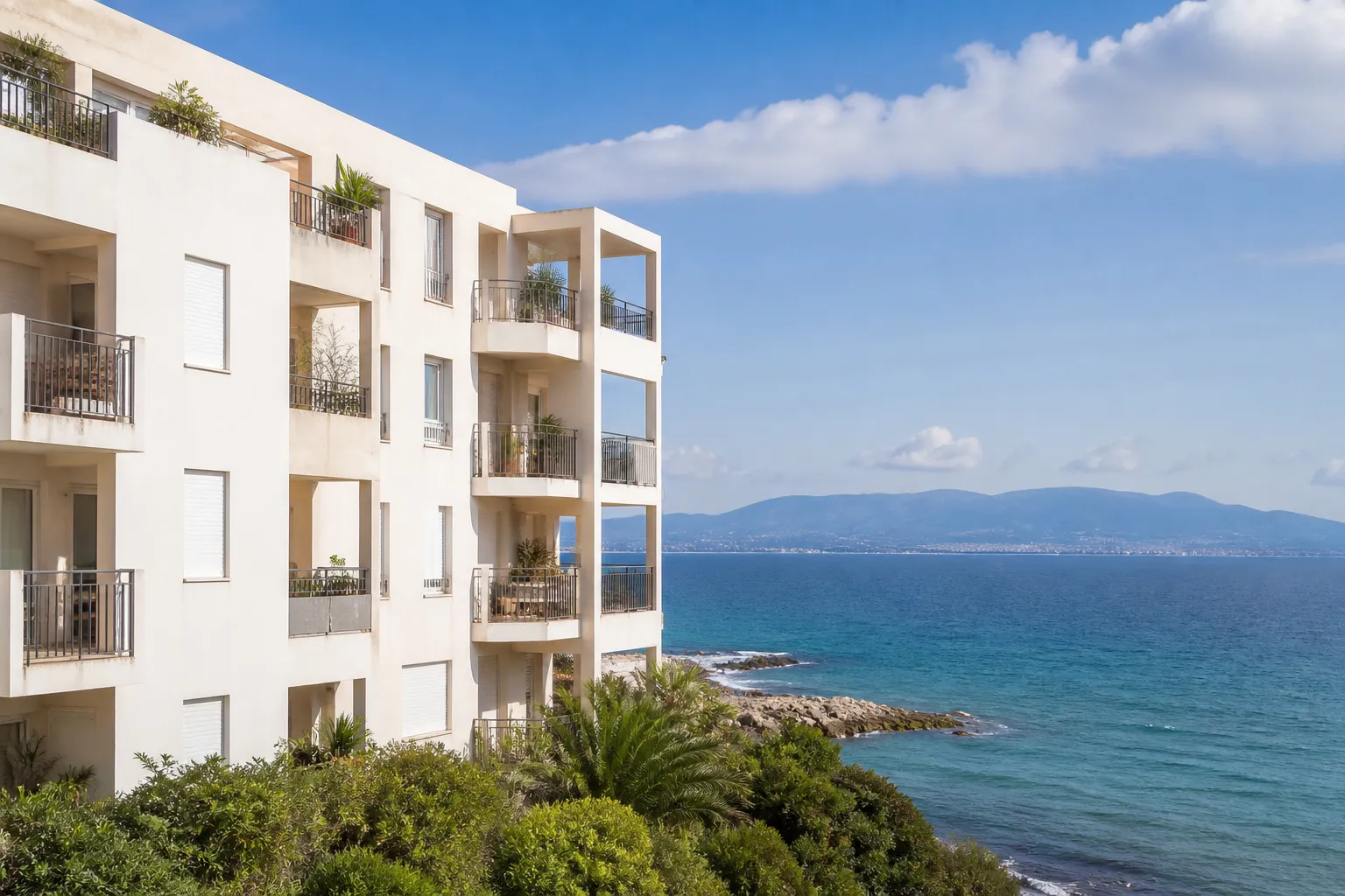 Résidence en bord de mer avec balcons exposés aux embruns