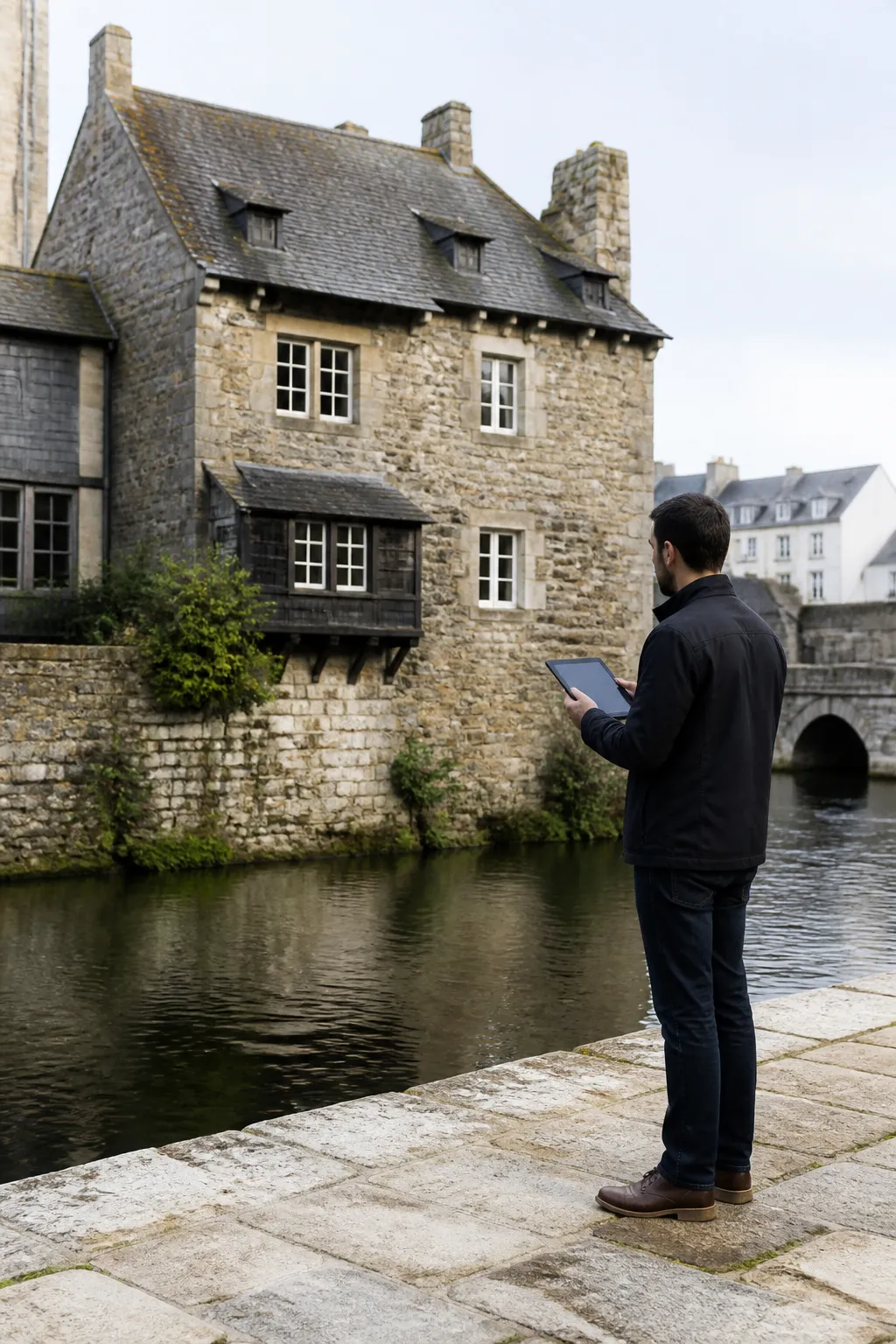 Expert en bâtiment devant une maison ancienne au bord d’une rivière à Landerneau