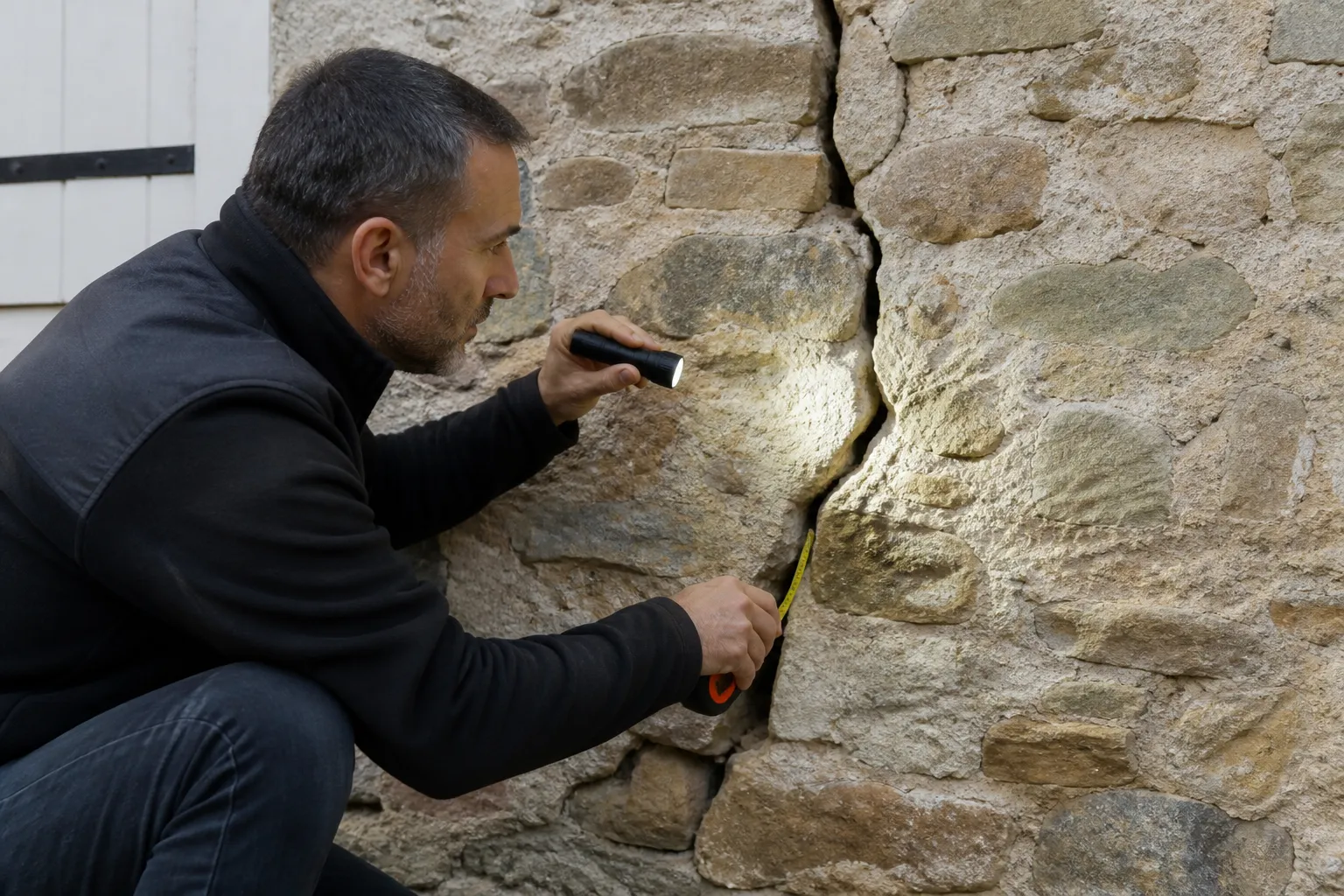 Mur ancien en pierre présentant une fissure observée par un expert