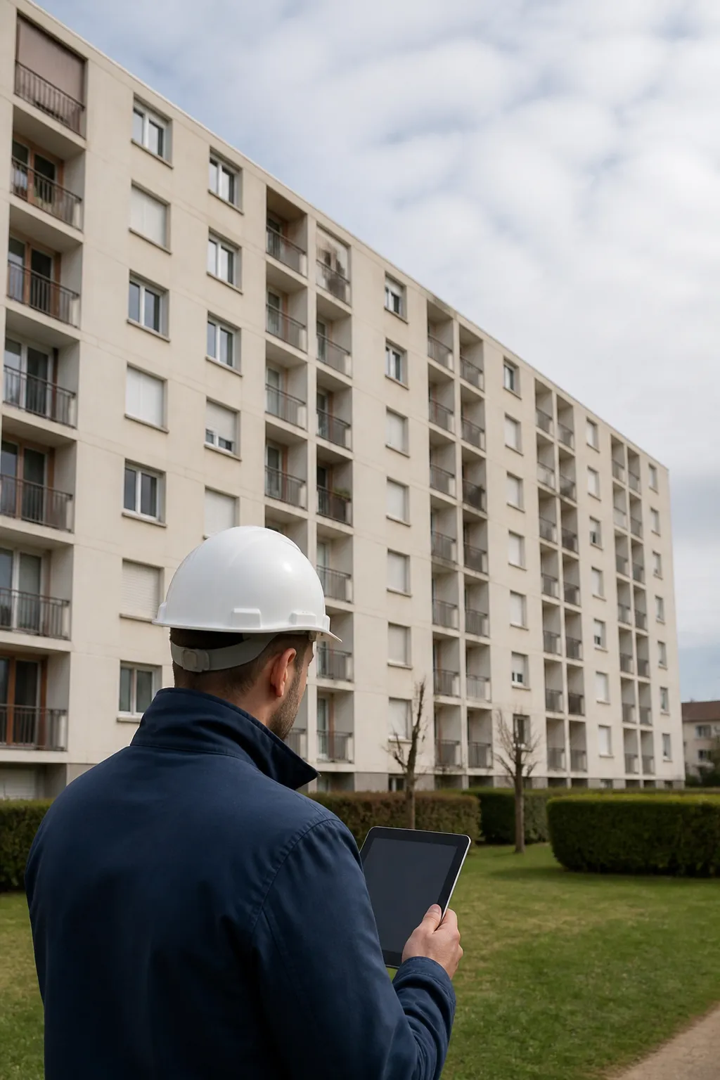 Expert en bâtiment devant un immeuble d’après-guerre en béton armé au Havre