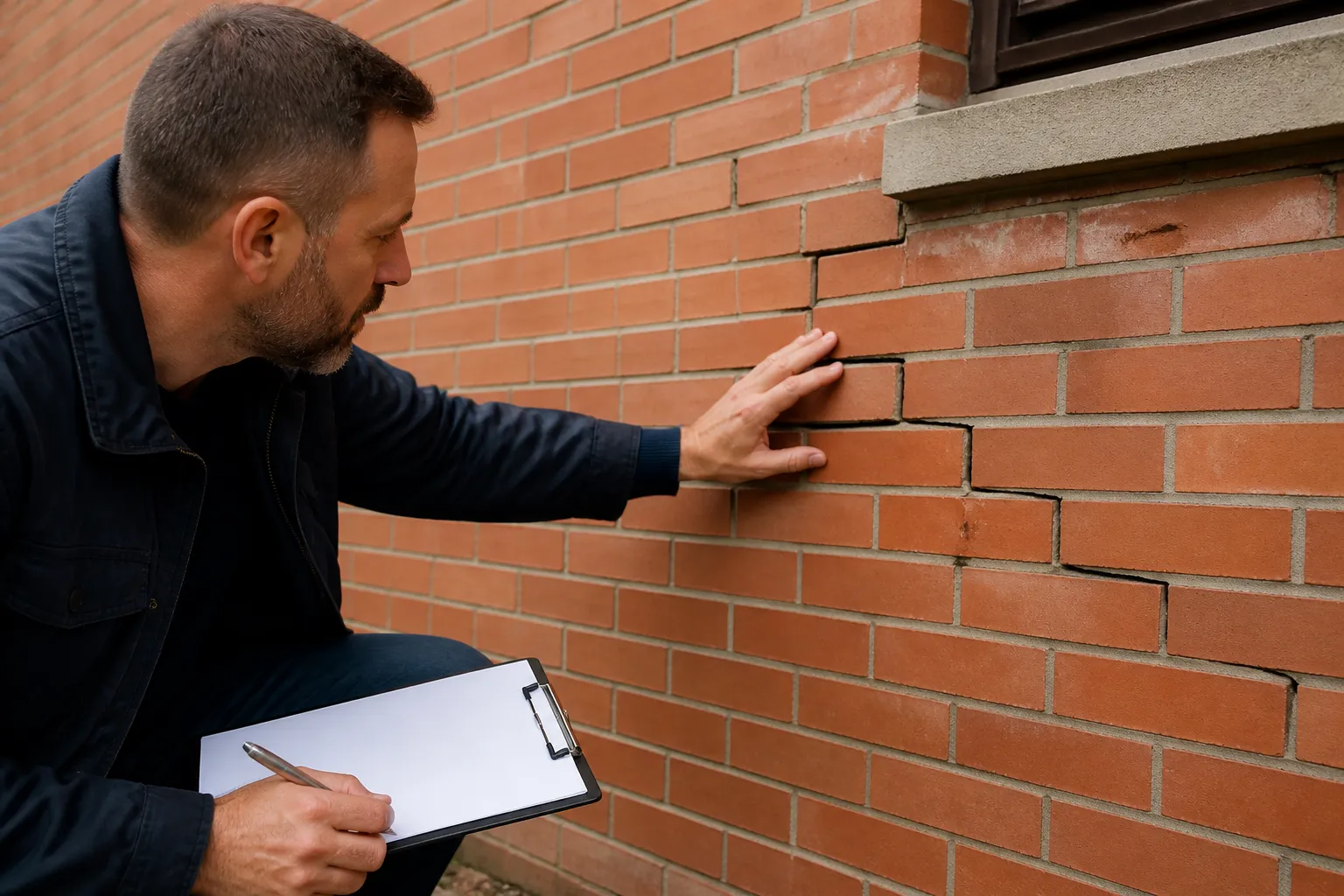 Expert examinant une fissure en escalier sur un mur de maison