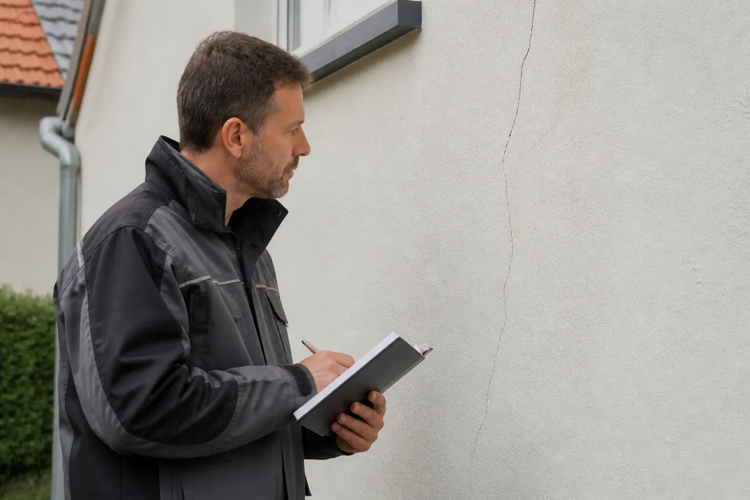 Expert en bâtiment examinant une fissure sur un mur de façade