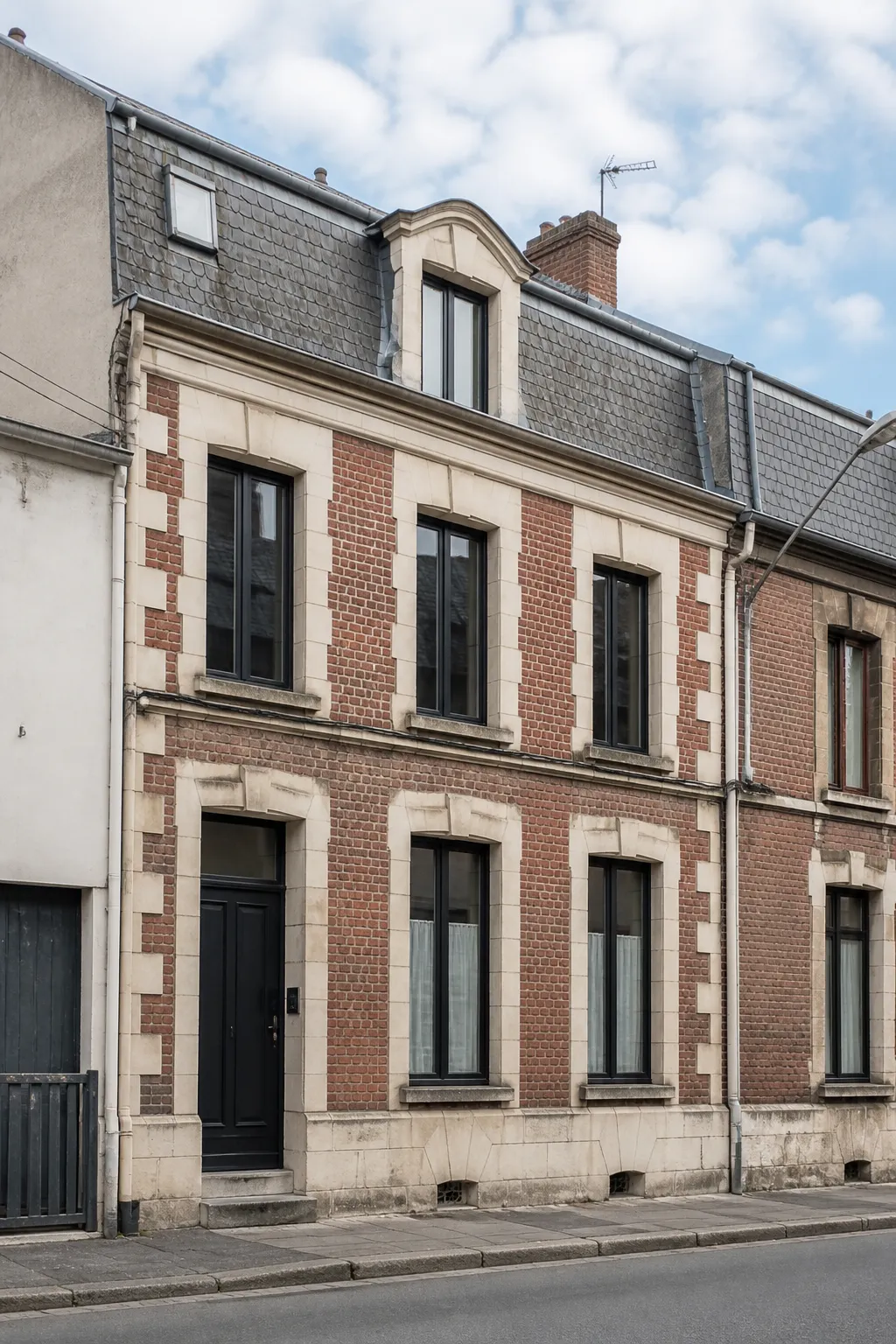 Maison en brique et pierre dans une rue d’une ville de l’Aisne