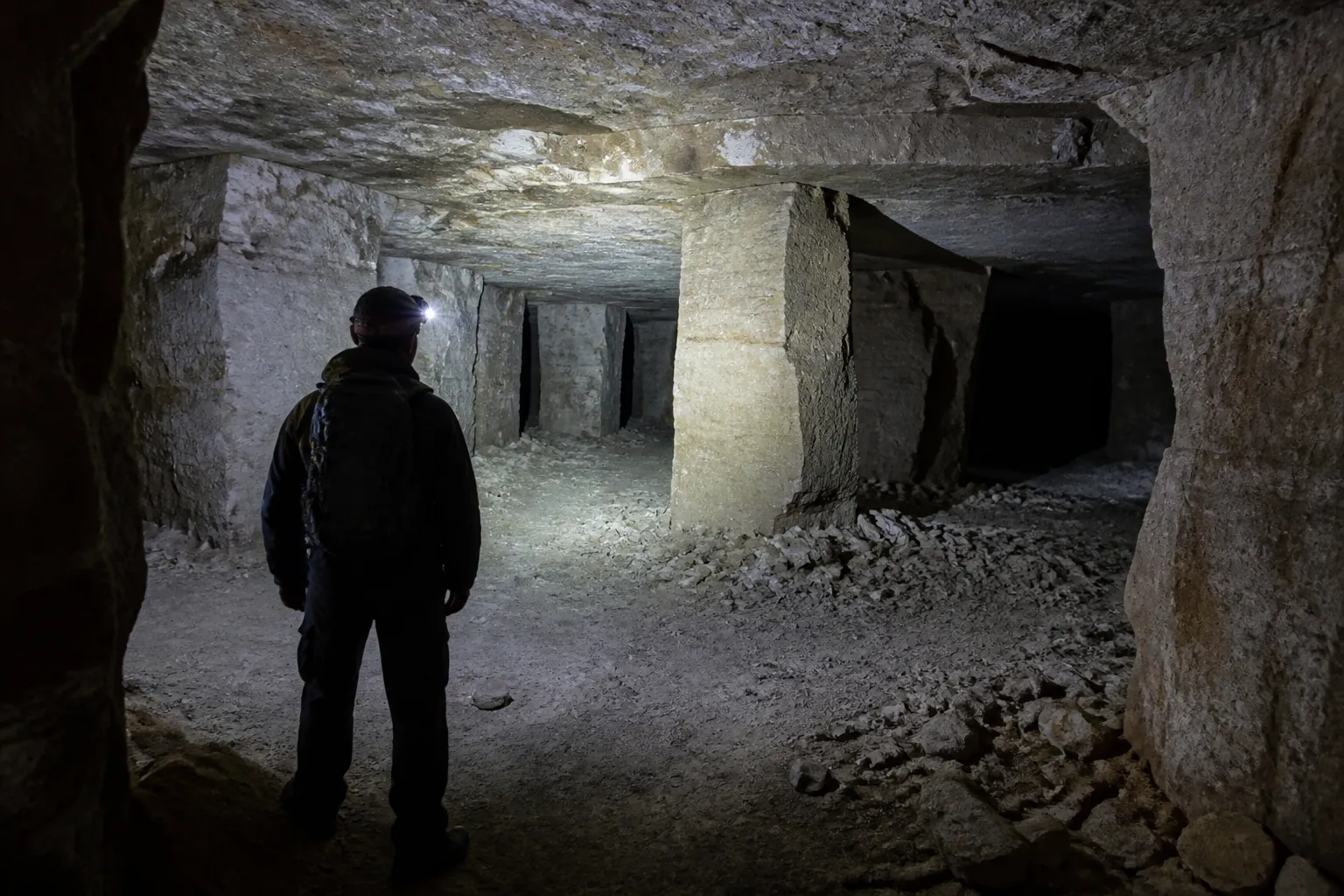 Galerie de carrière souterraine en calcaire éclairée par une lampe