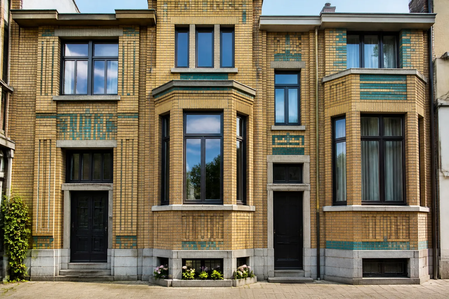 Façade de maison en brique avec ornements géométriques de l’entre-deux-guerres
