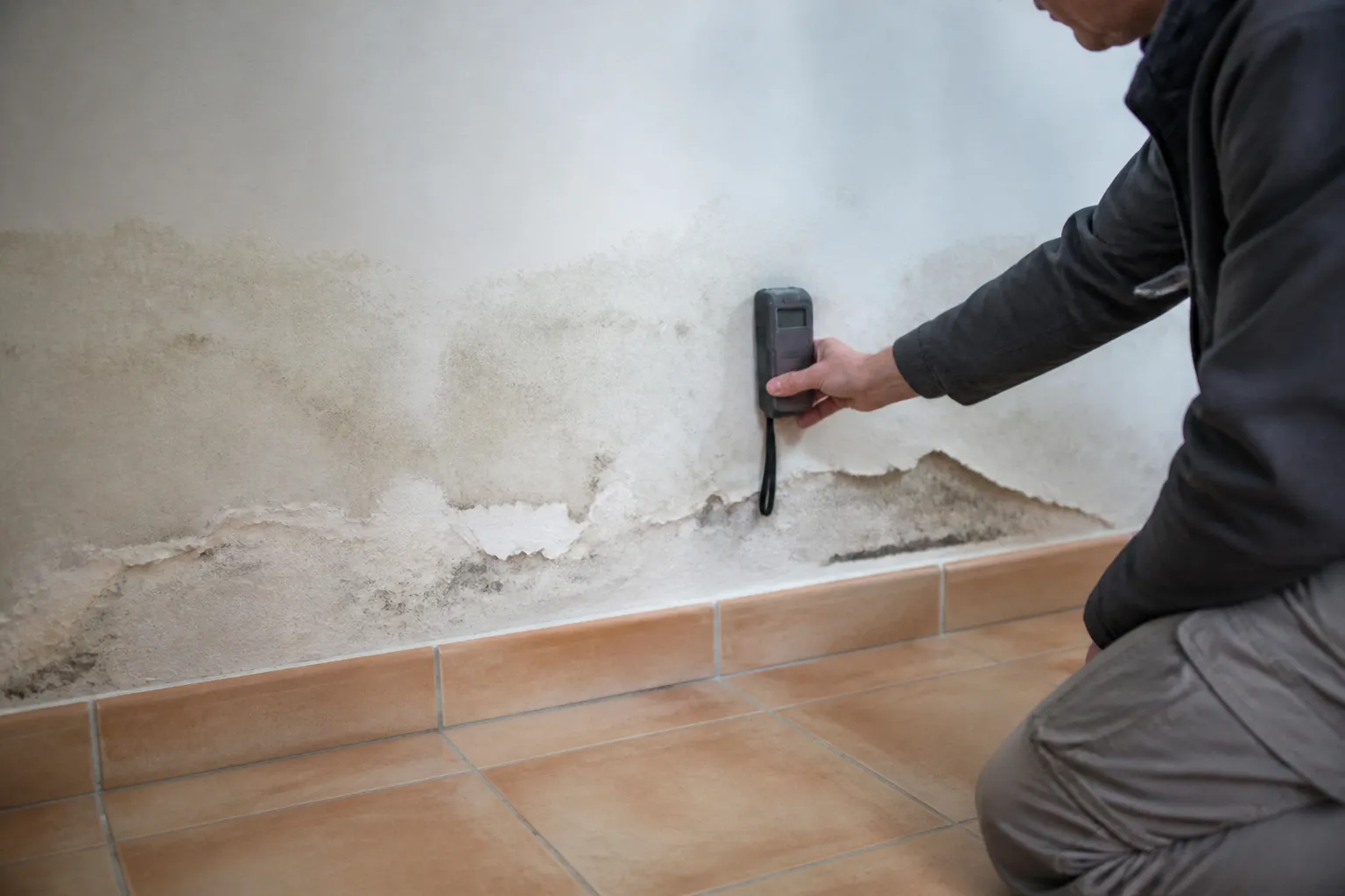 Expert examinant des traces d’humidité au pied d’un mur intérieur