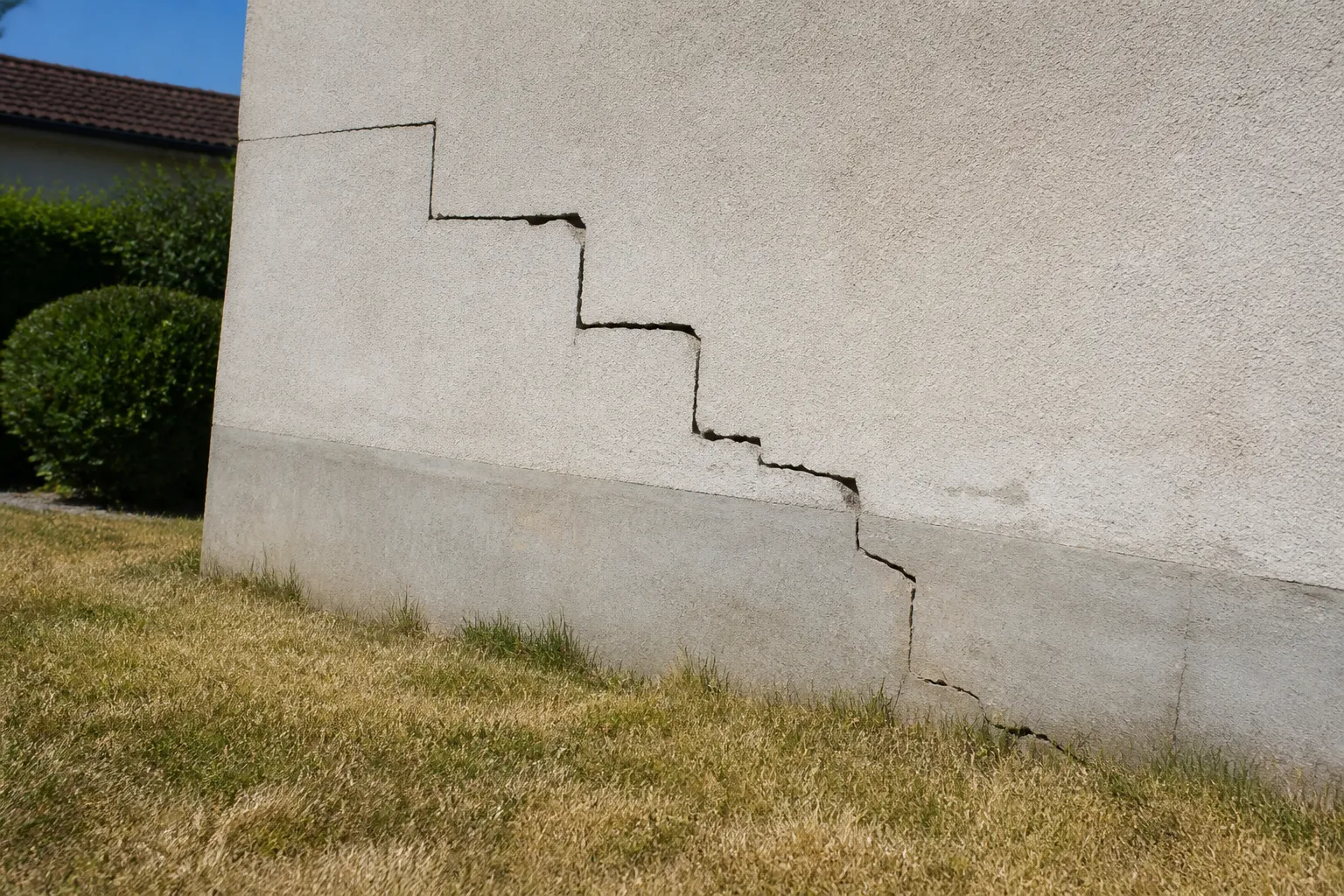 Fissure en escalier sur un mur de maison après un été sec