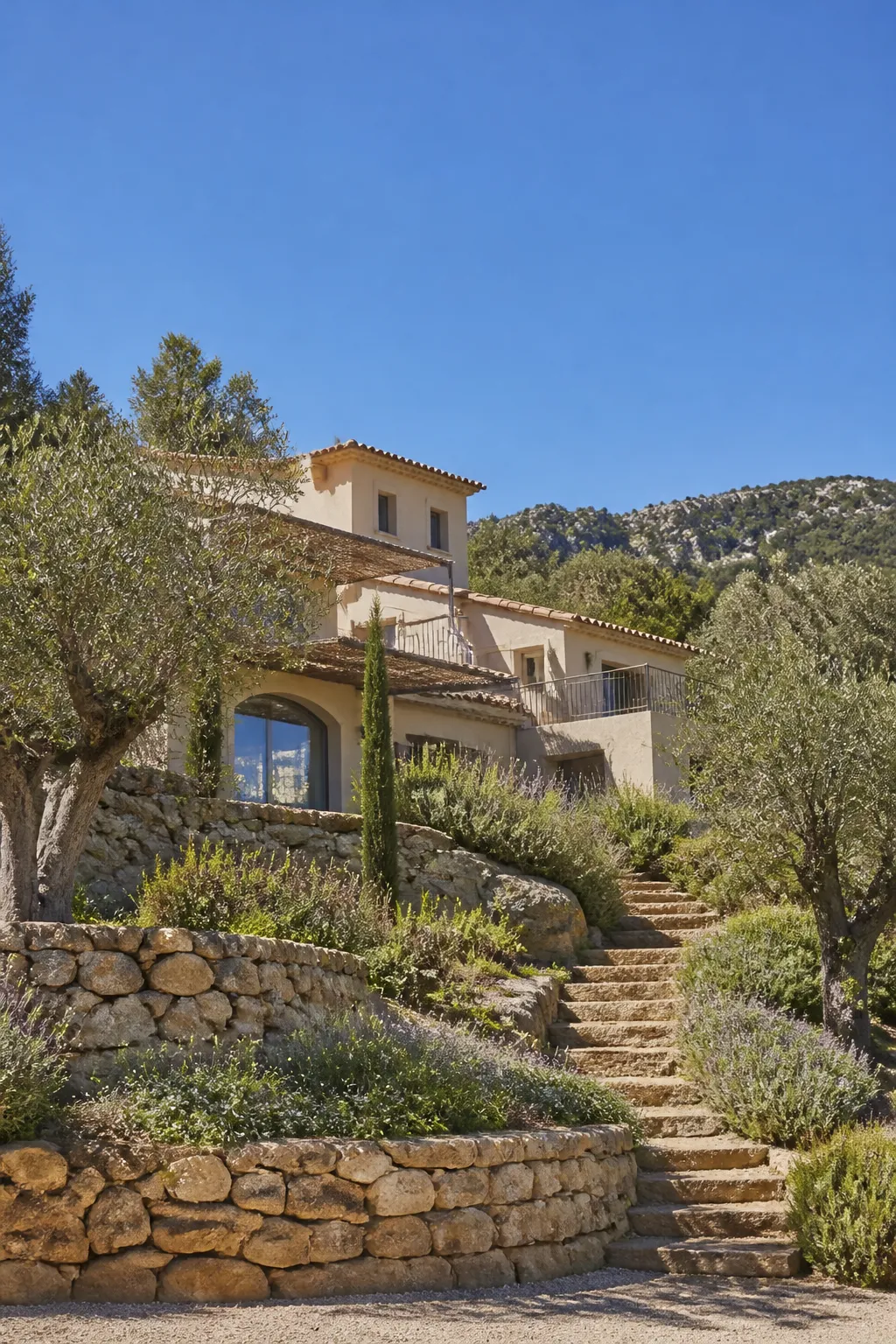 Villa aux murs clairs et toiture en tuiles sur un terrain en pente planté d'oliviers