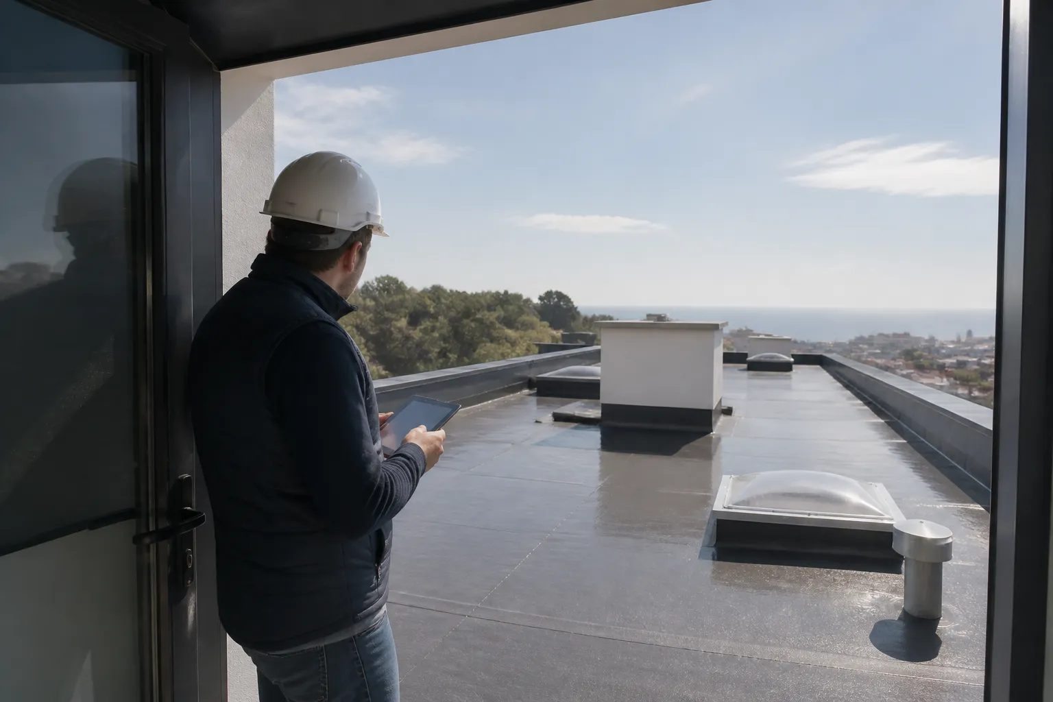 Expert en bâtiment examinant une toiture-terrasse depuis un accès sécurisé