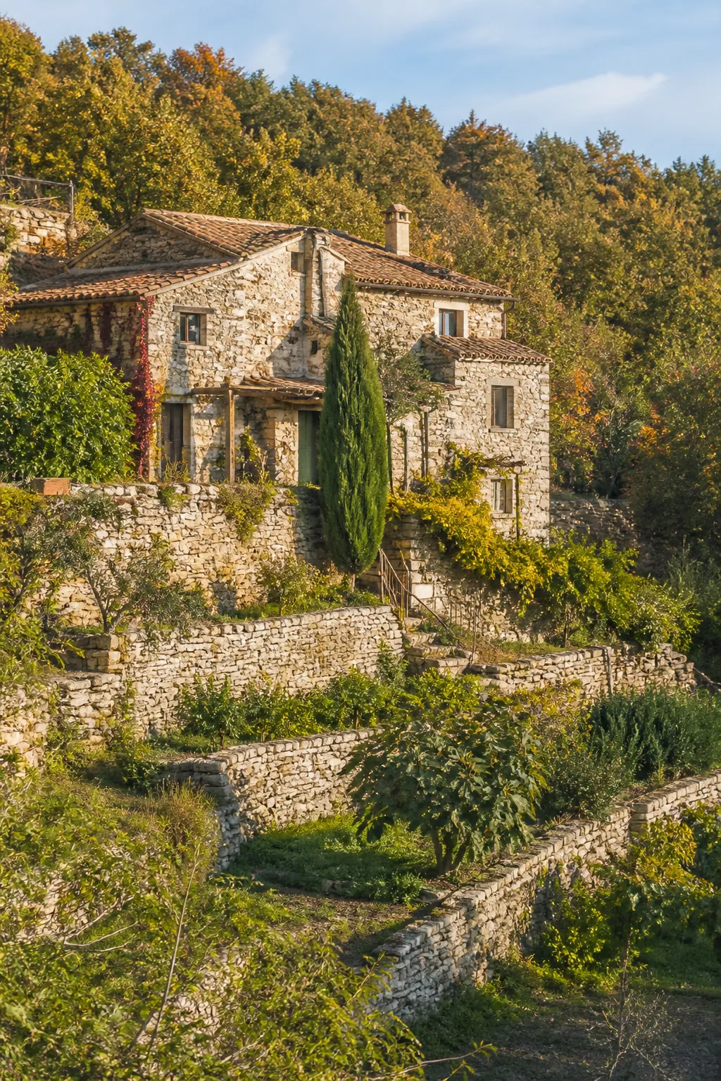 Maison ancienne en pierre avec terrasses cultivées sur un coteau