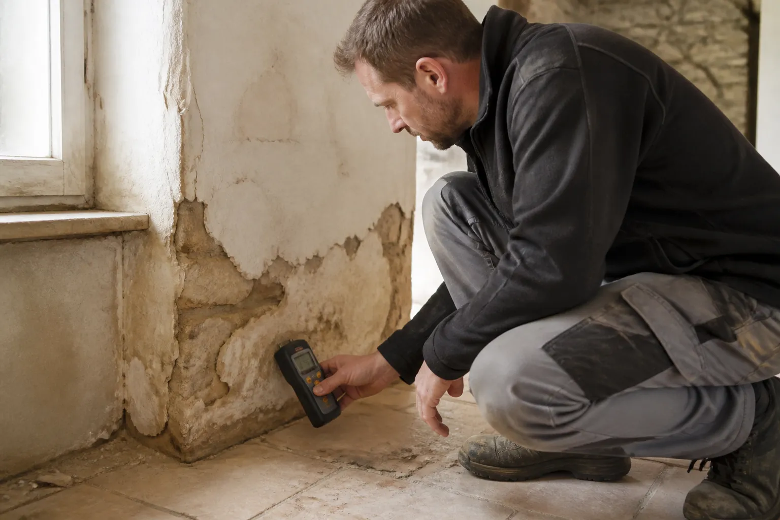 Expert en bâtiment mesurant l’humidité en pied de mur