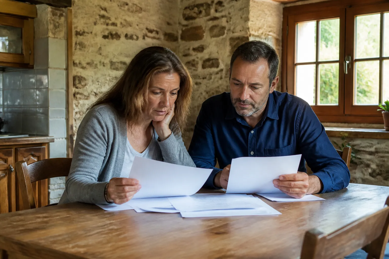 Acheteurs lisant des documents dans une cuisine de maison ancienne