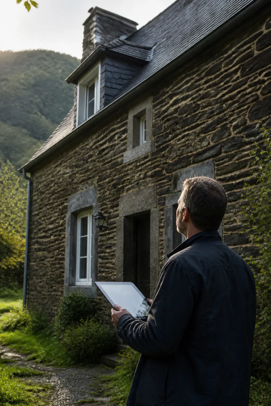 Expert en bâtiment examinant la façade d’une maison ancienne en pierre dans les Ardennes