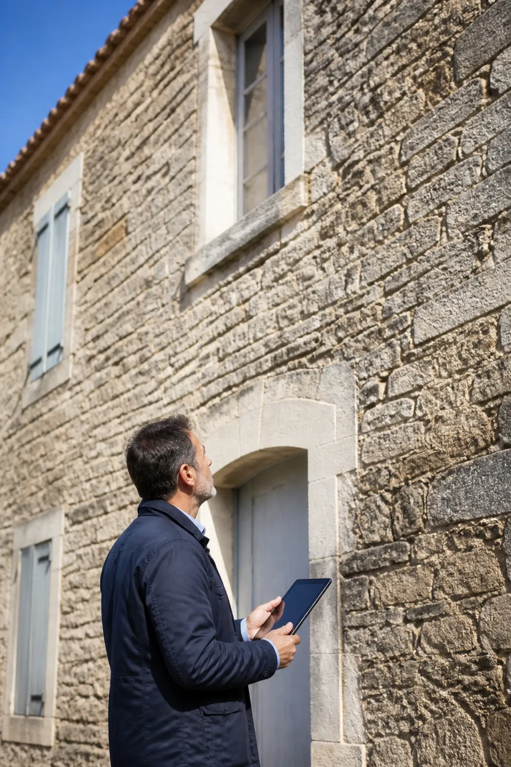 Expert en bâtiment examinant la façade d’une maison ancienne dans l’Aude avant un achat