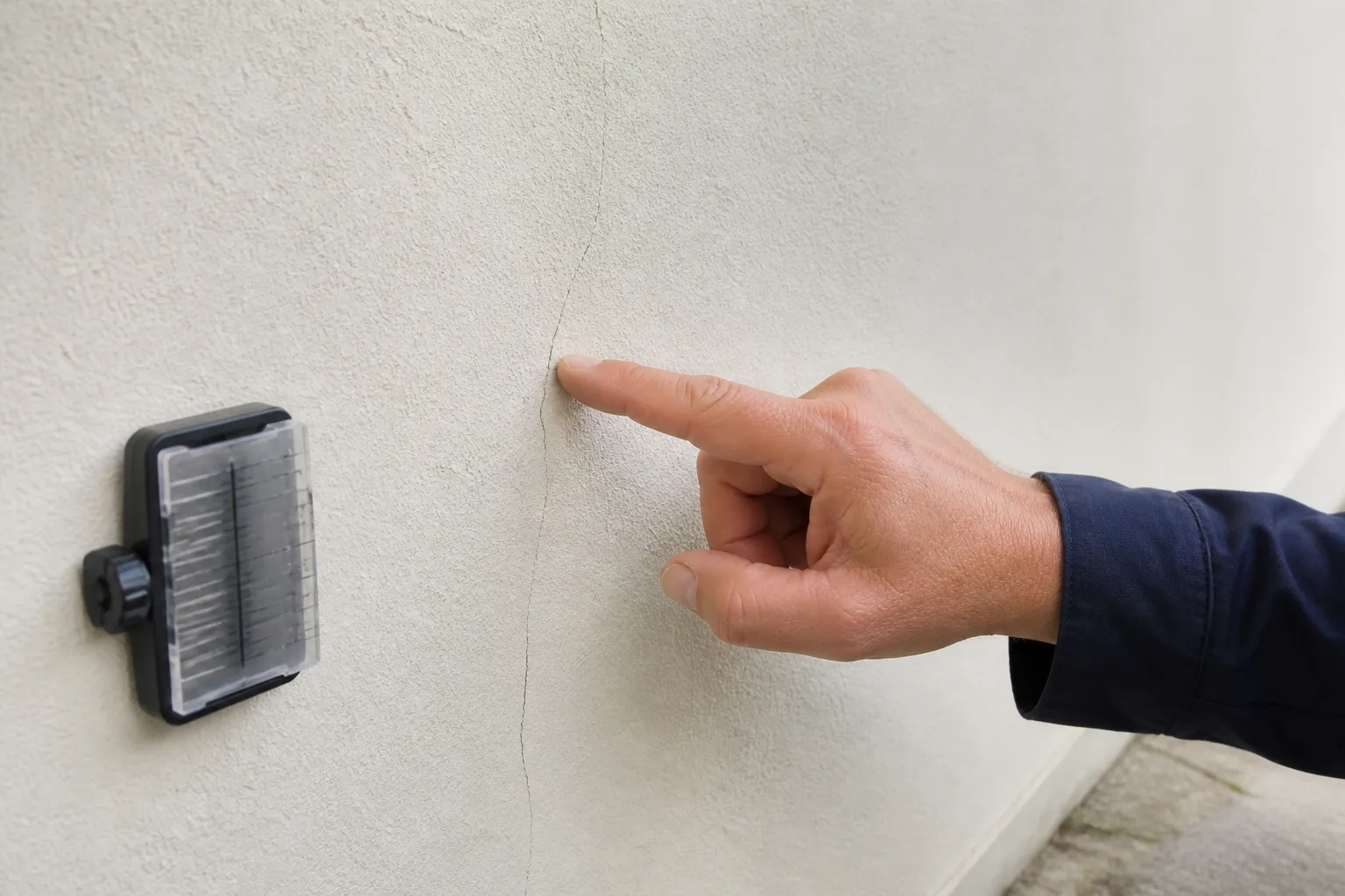 Fissure fine observée sur un enduit de façade pendant une visite d’expertise