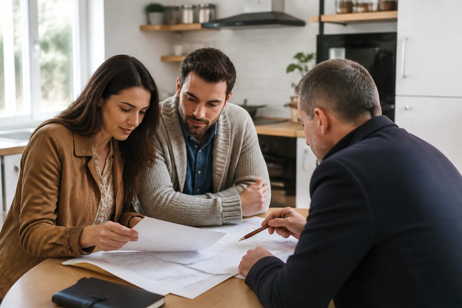 Acheteurs relisant des documents de vente avec un expert en bâtiment