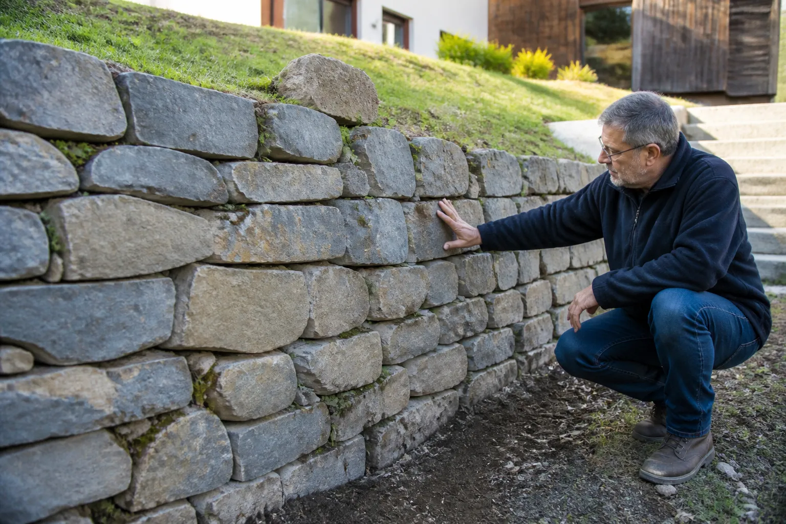 Mur de soutènement en pierre examiné par un expert sur un terrain en pente