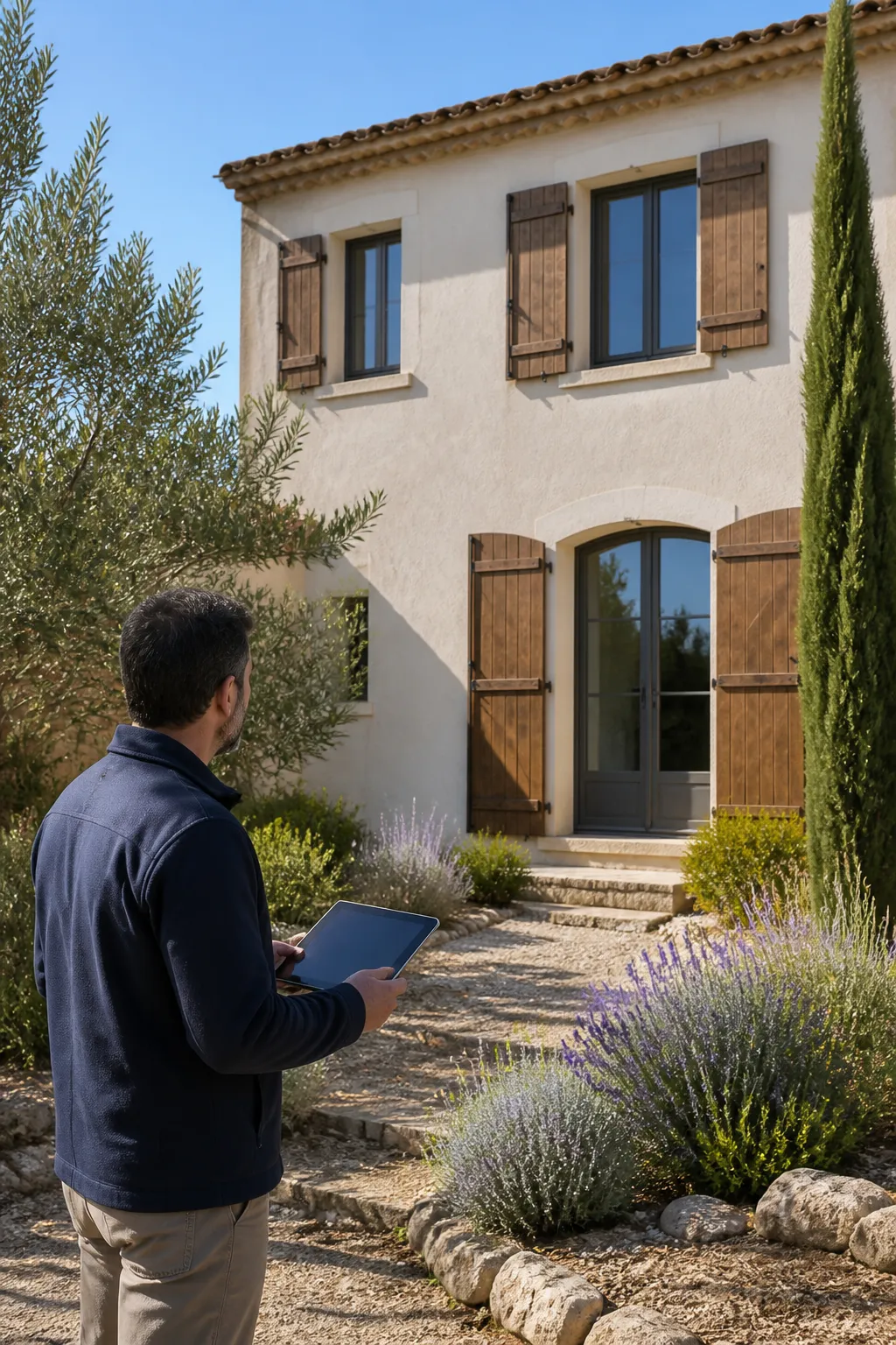 Expert en bâtiment examinant la façade enduite d’une maison provençale avant un achat dans les Bouches-du-Rhône