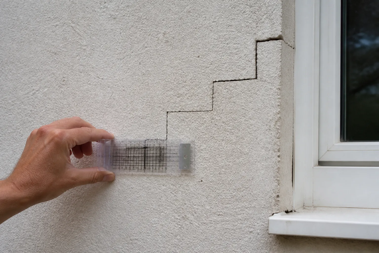 Fissure en escalier relevée sur un mur de maison individuelle