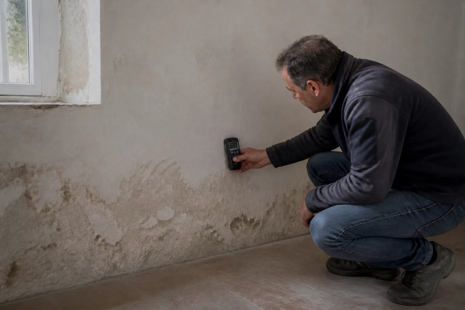 Expert mesurant l’humidité au pied d’un mur dans un logement ancien
