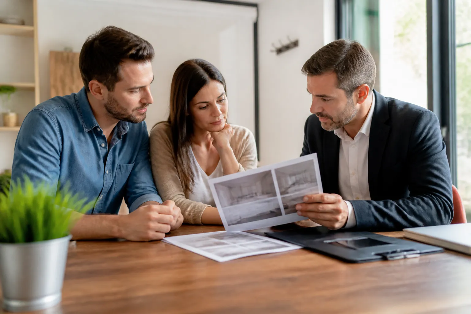 Acheteurs consultant un rapport d’expertise avant de signer
