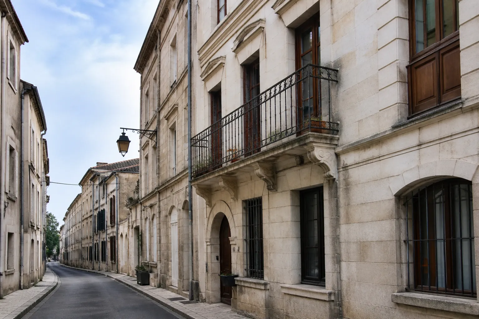 Façades anciennes en pierre de taille d’une rue de centre-ville