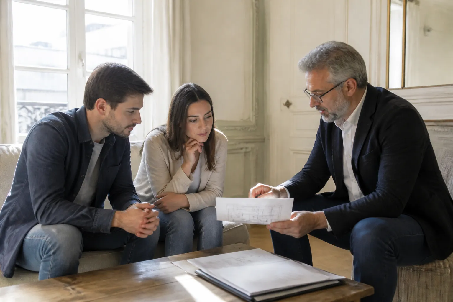 Expert en bâtiment remettant un rapport à des acheteurs