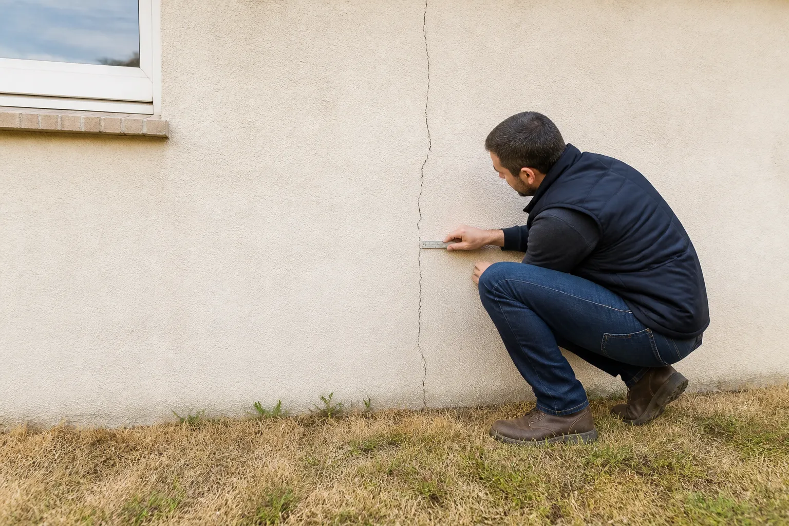Fissure verticale sur un mur de maison individuelle après un été sec
