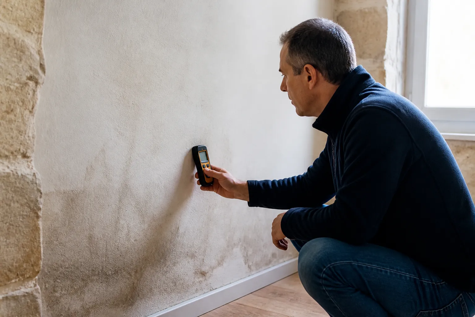 Expert mesurant l’humidité d’un mur en rez-de-chaussée