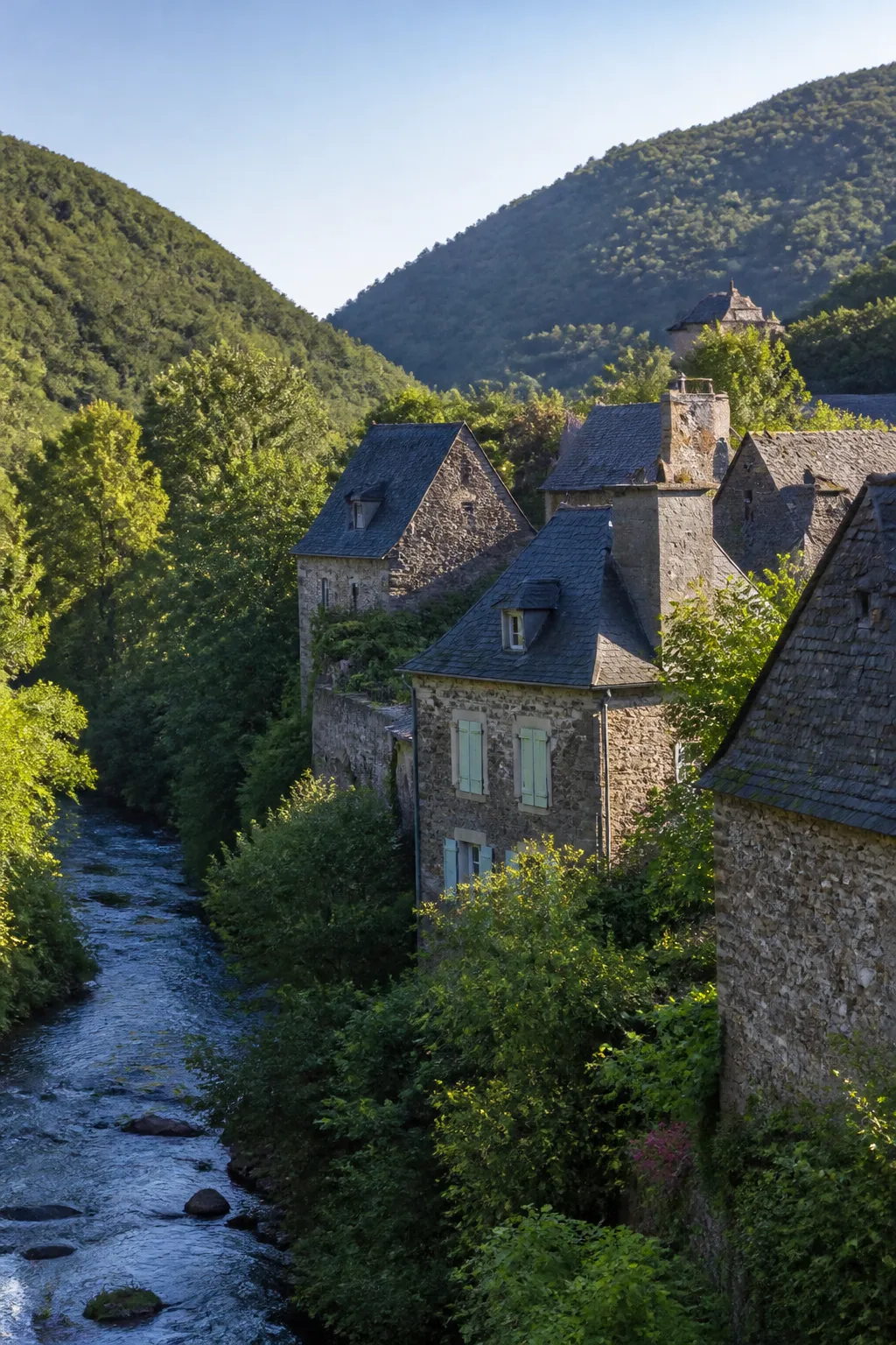 Maisons anciennes à toits d’ardoise dans une vallée boisée de Corrèze