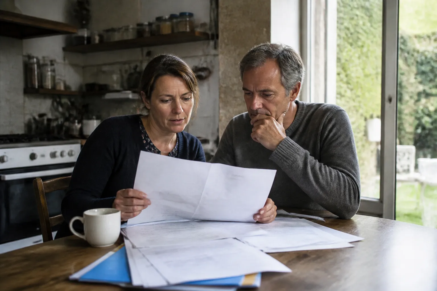 Acheteurs lisant un rapport d’expertise à la table de cuisine