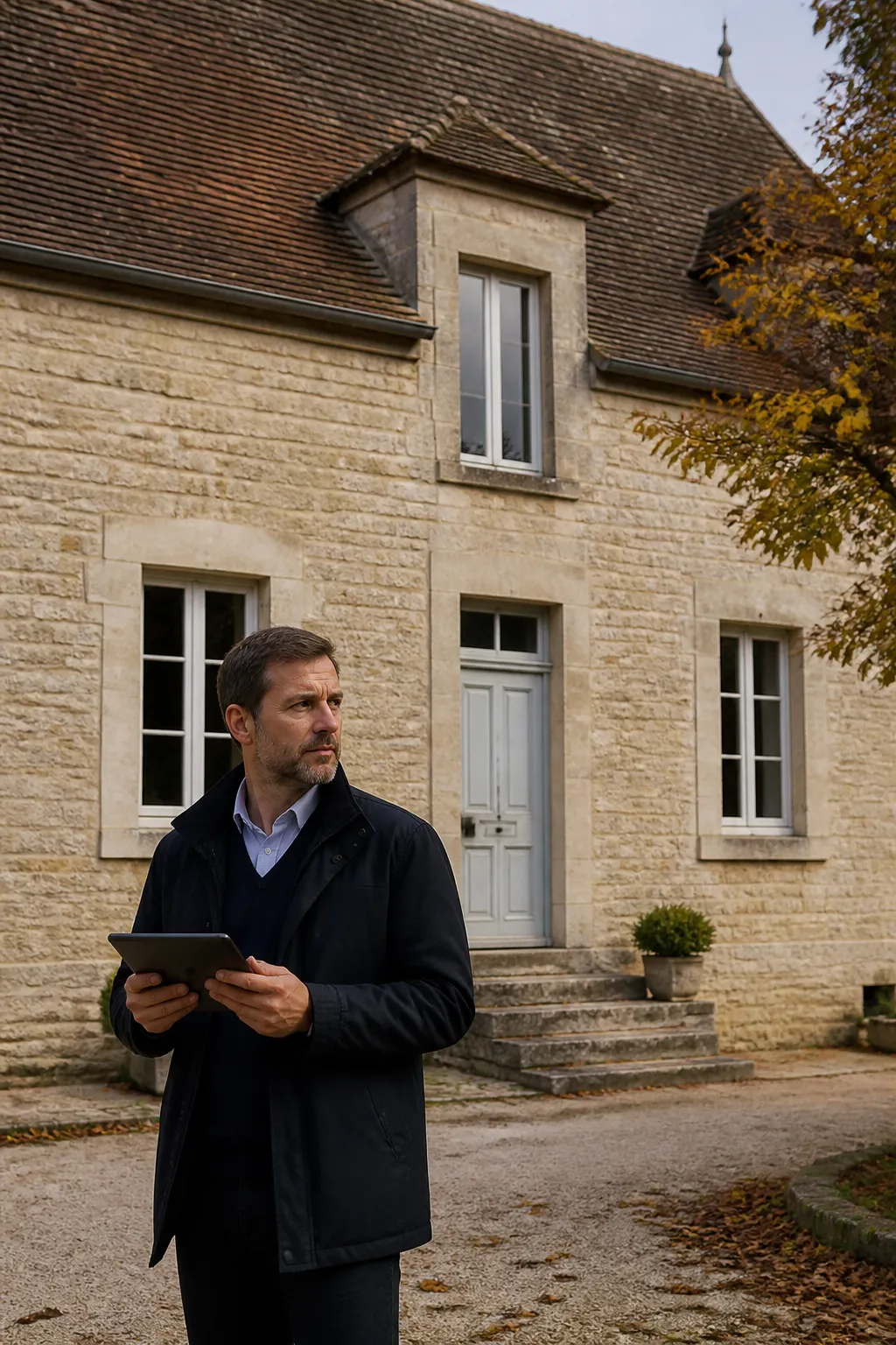 Expert en bâtiment examinant la façade en pierre d’une maison ancienne en Côte-d’Or