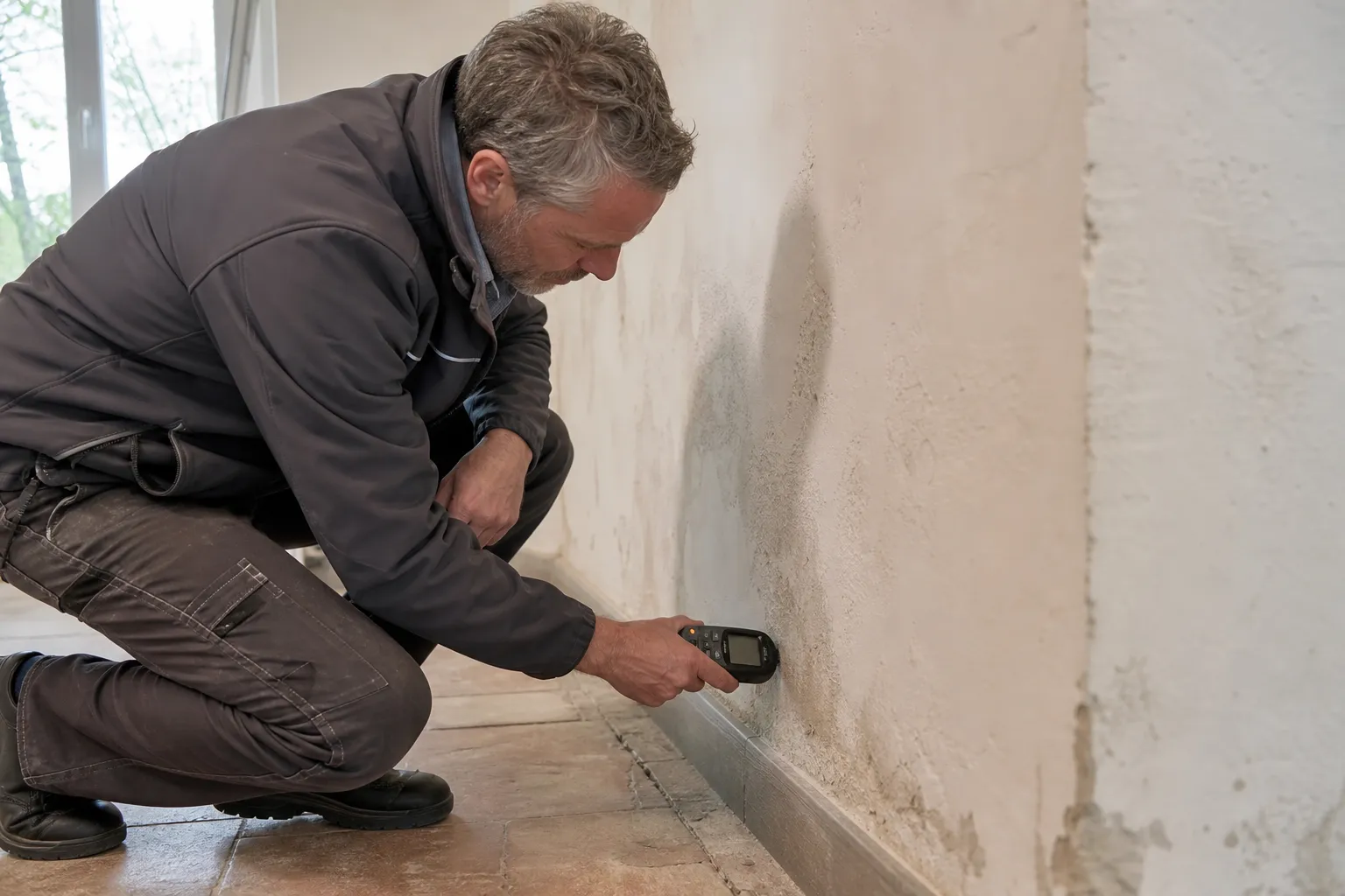 Expert mesurant l’humidité au pied d’un mur dans un rez-de-chaussée
