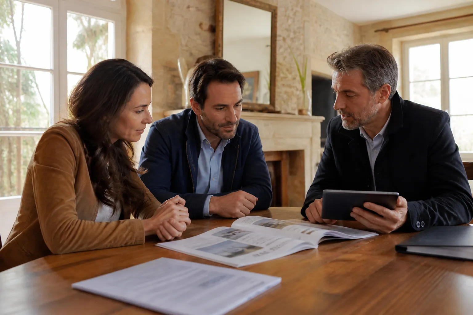 Acheteurs lisant un rapport d’expertise avec un expert autour d’une table
