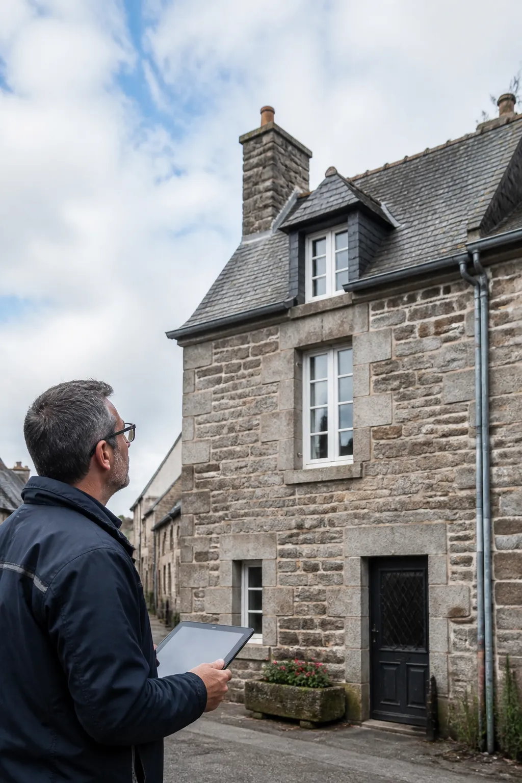 Expert en bâtiment examinant la façade en pierre d’une maison bretonne avant un achat