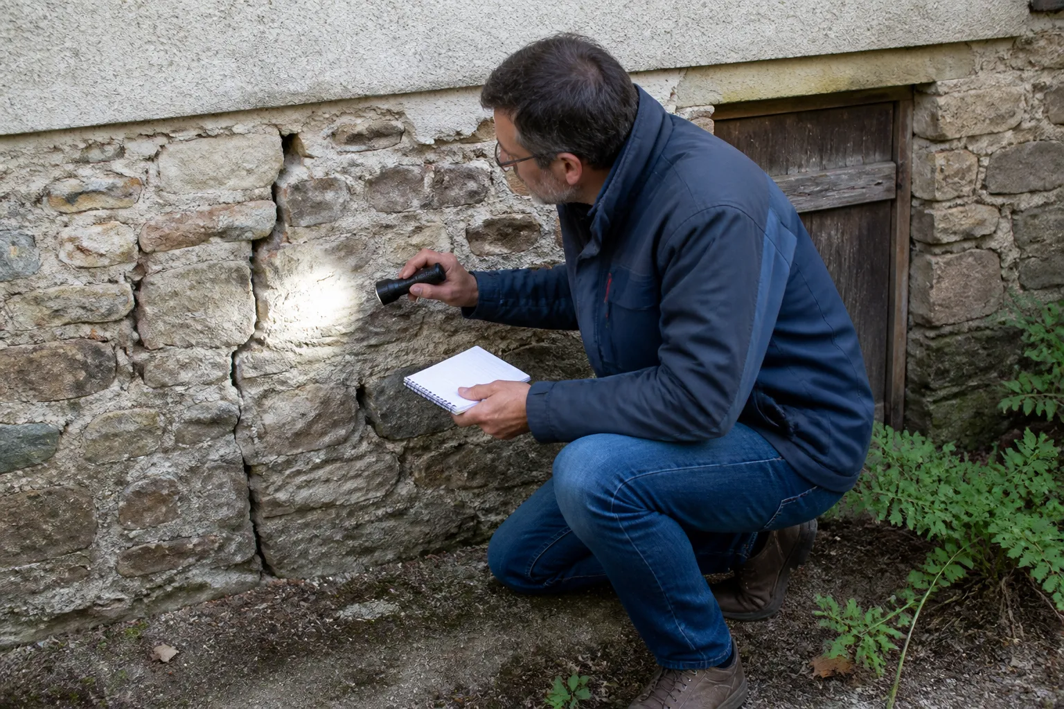 Expert examinant une fissure sur un mur de soubassement