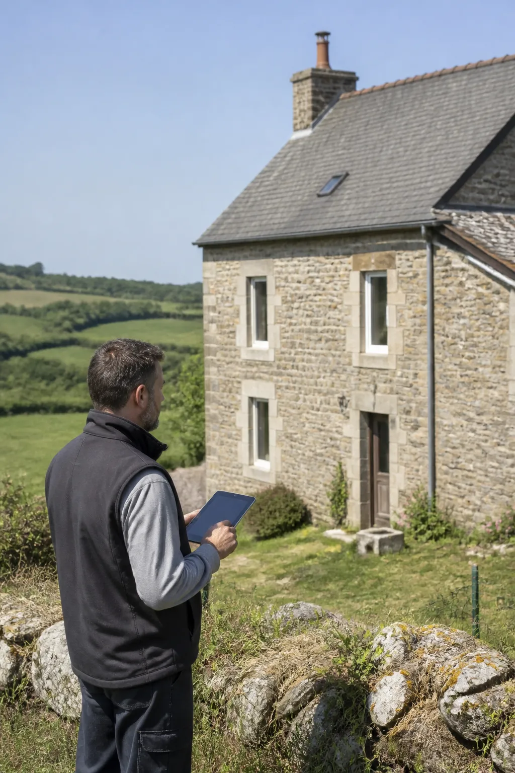 Expert en bâtiment devant une maison rurale en pierre avant un achat