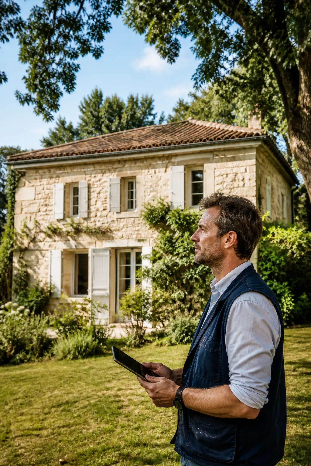 Expert en bâtiment devant une maison en pierre claire avant un achat