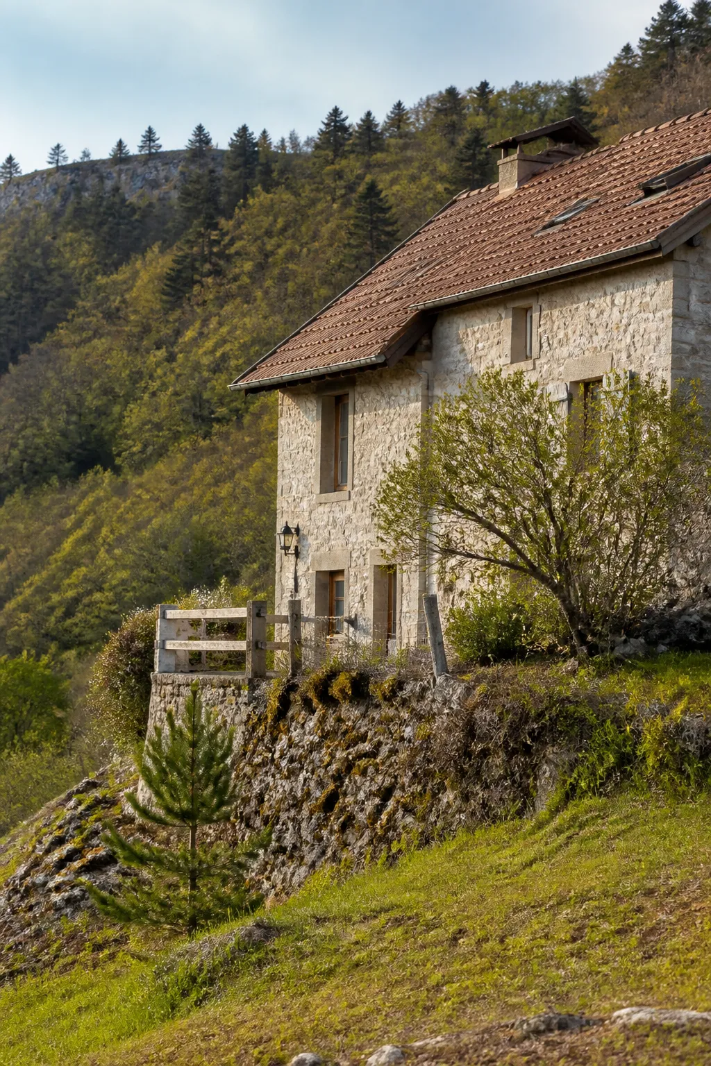 Maison ancienne en pierre calcaire sur un coteau boisé du Doubs