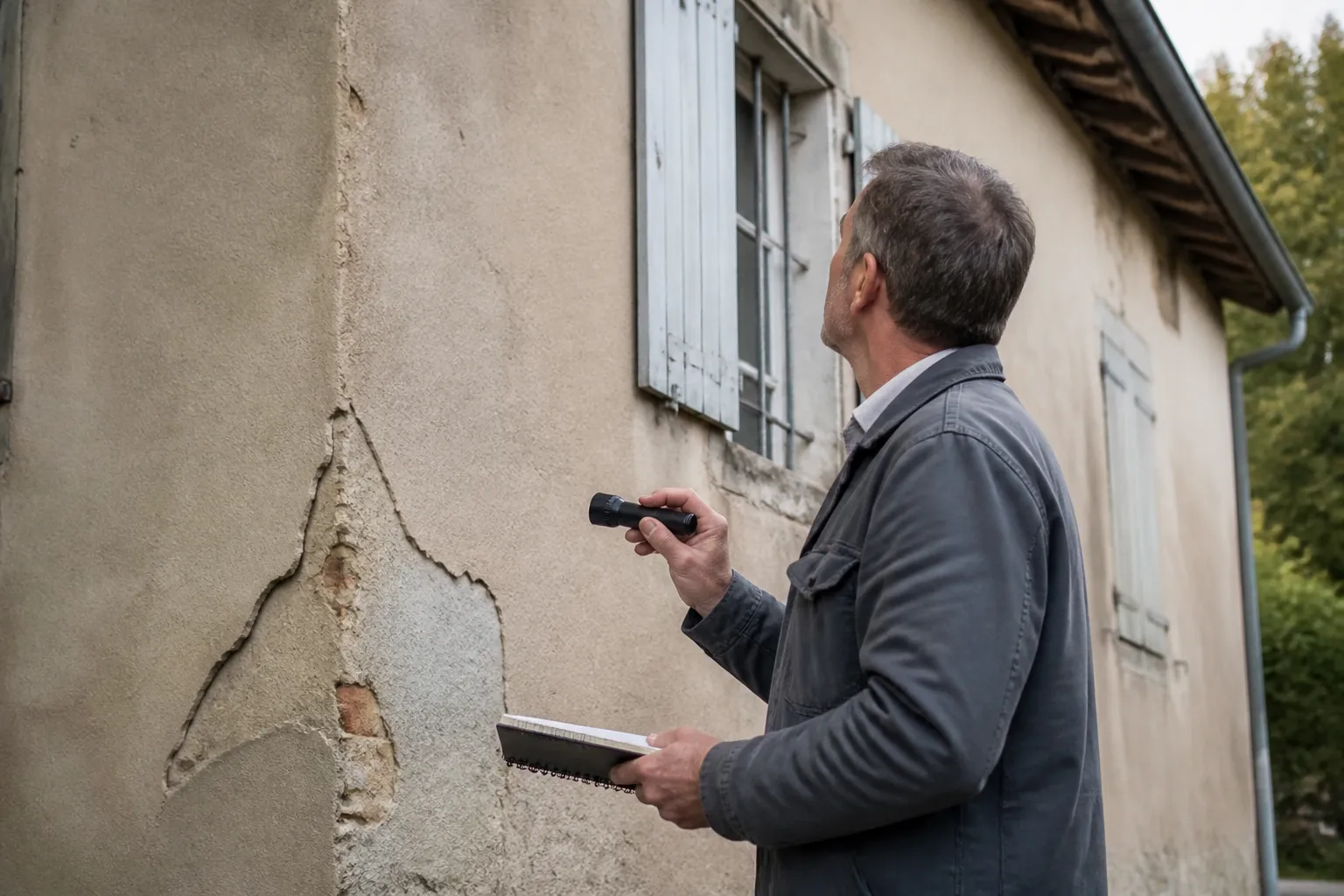 Expert en bâtiment examinant la façade enduite d’une maison ancienne