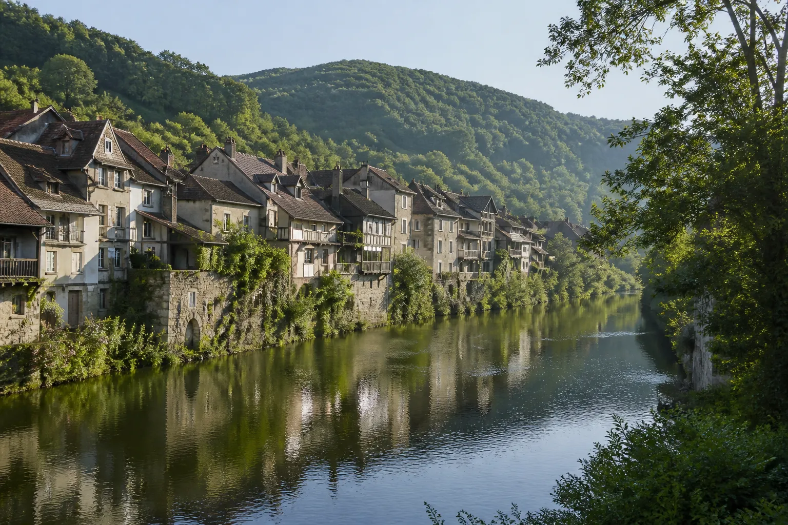 Rivière calme bordée de maisons anciennes dans une vallée verte