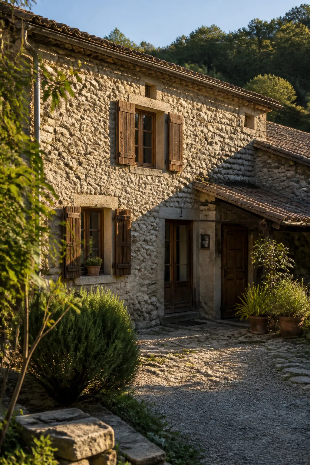 Maison ancienne en pierre et galets avec toit de tuiles canal