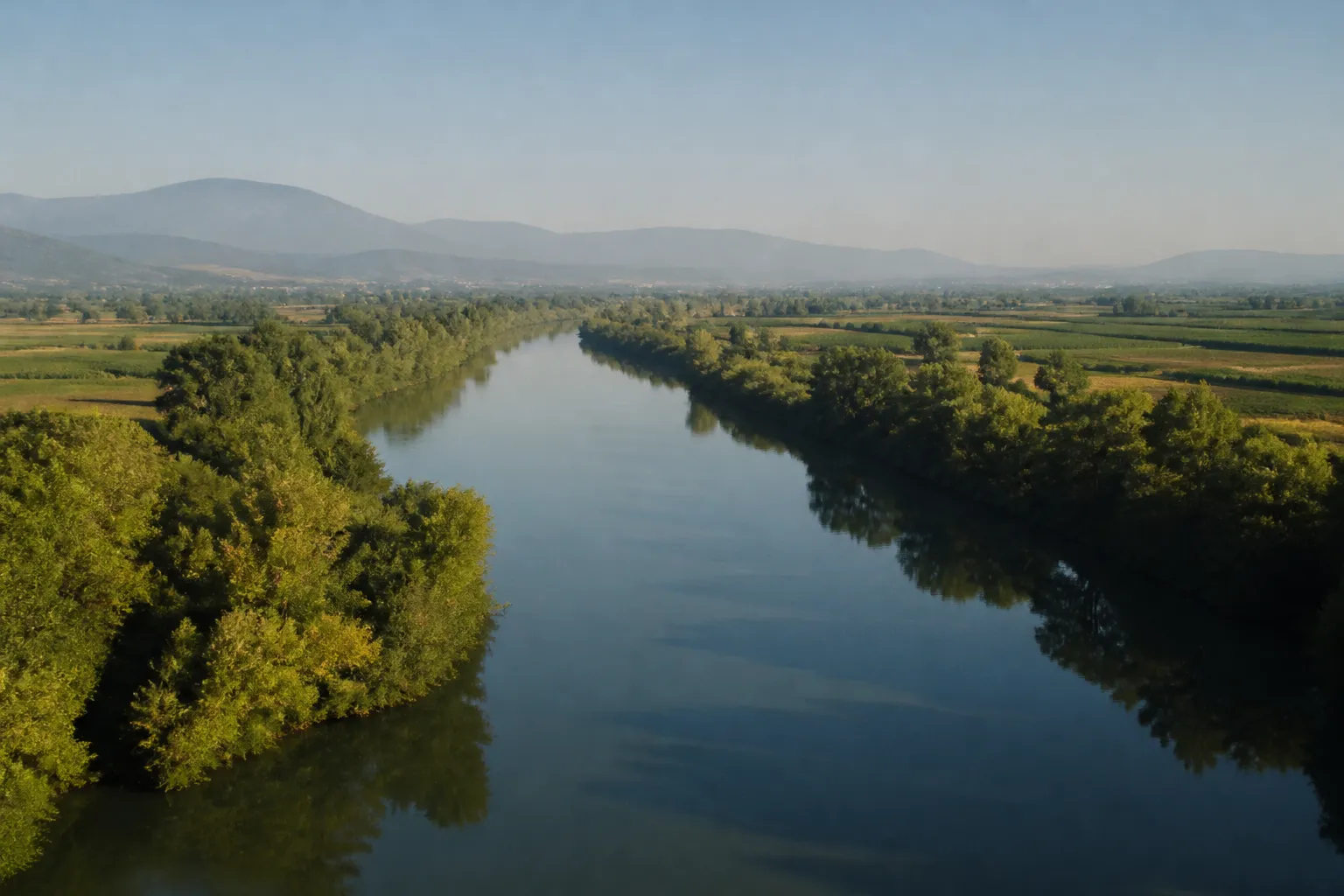 Grand fleuve bordé d’arbres dans une plaine agricole