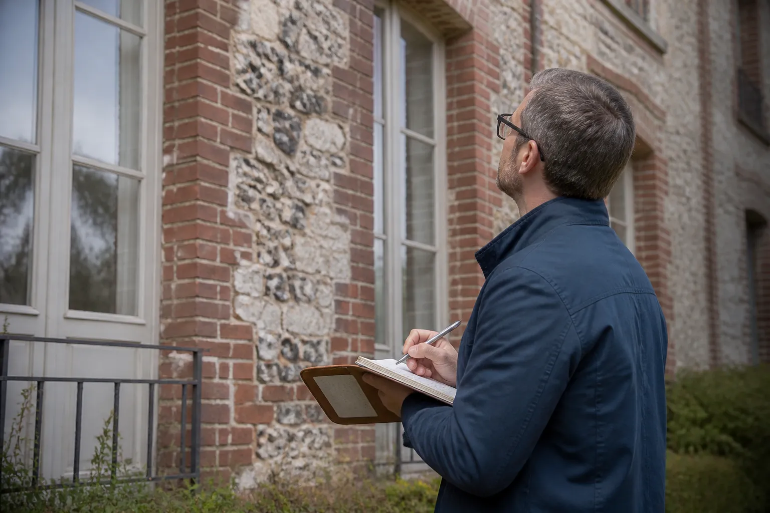 Expert en bâtiment observant la façade d’une maison ancienne