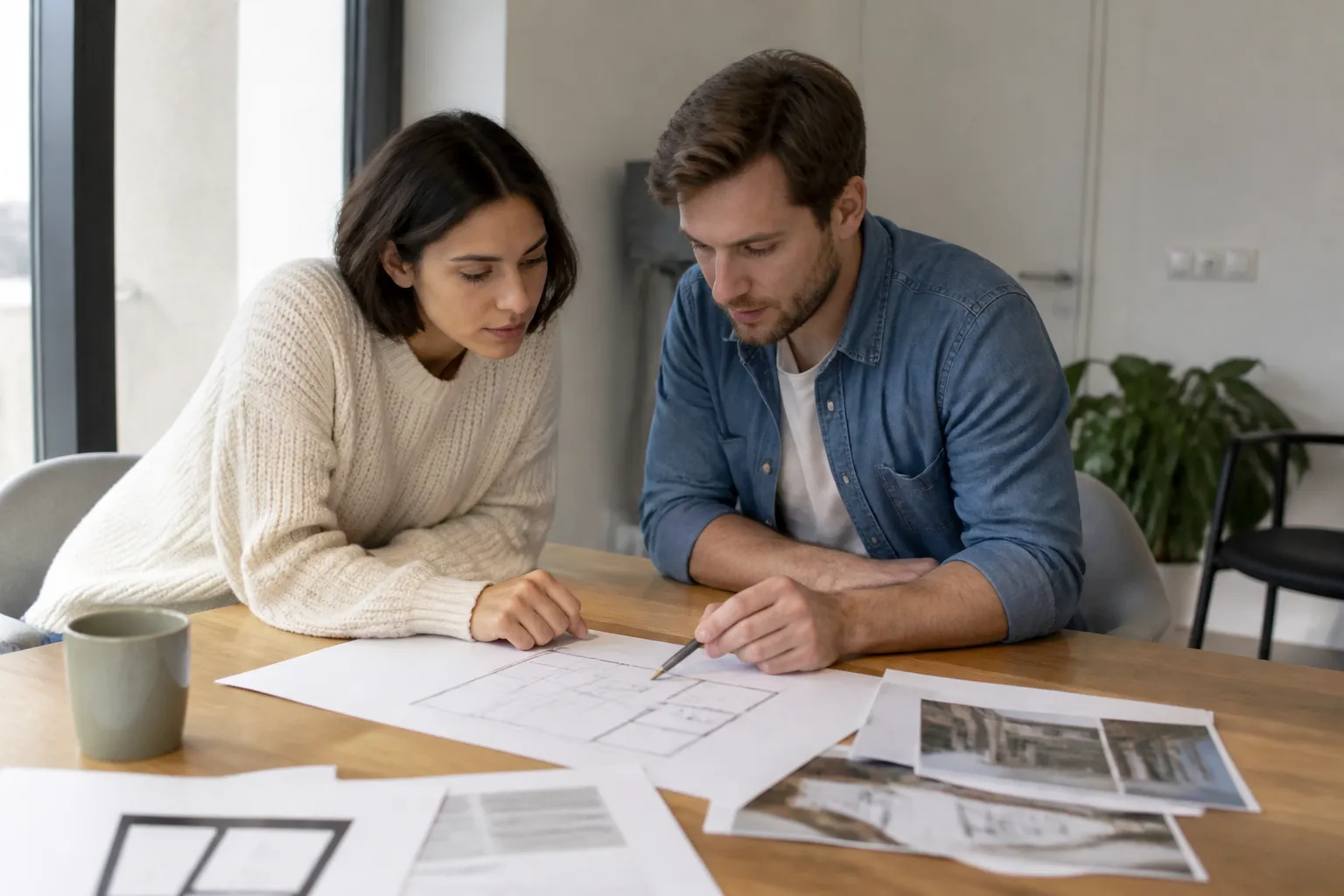Acheteurs consultant un plan cadastral et des documents