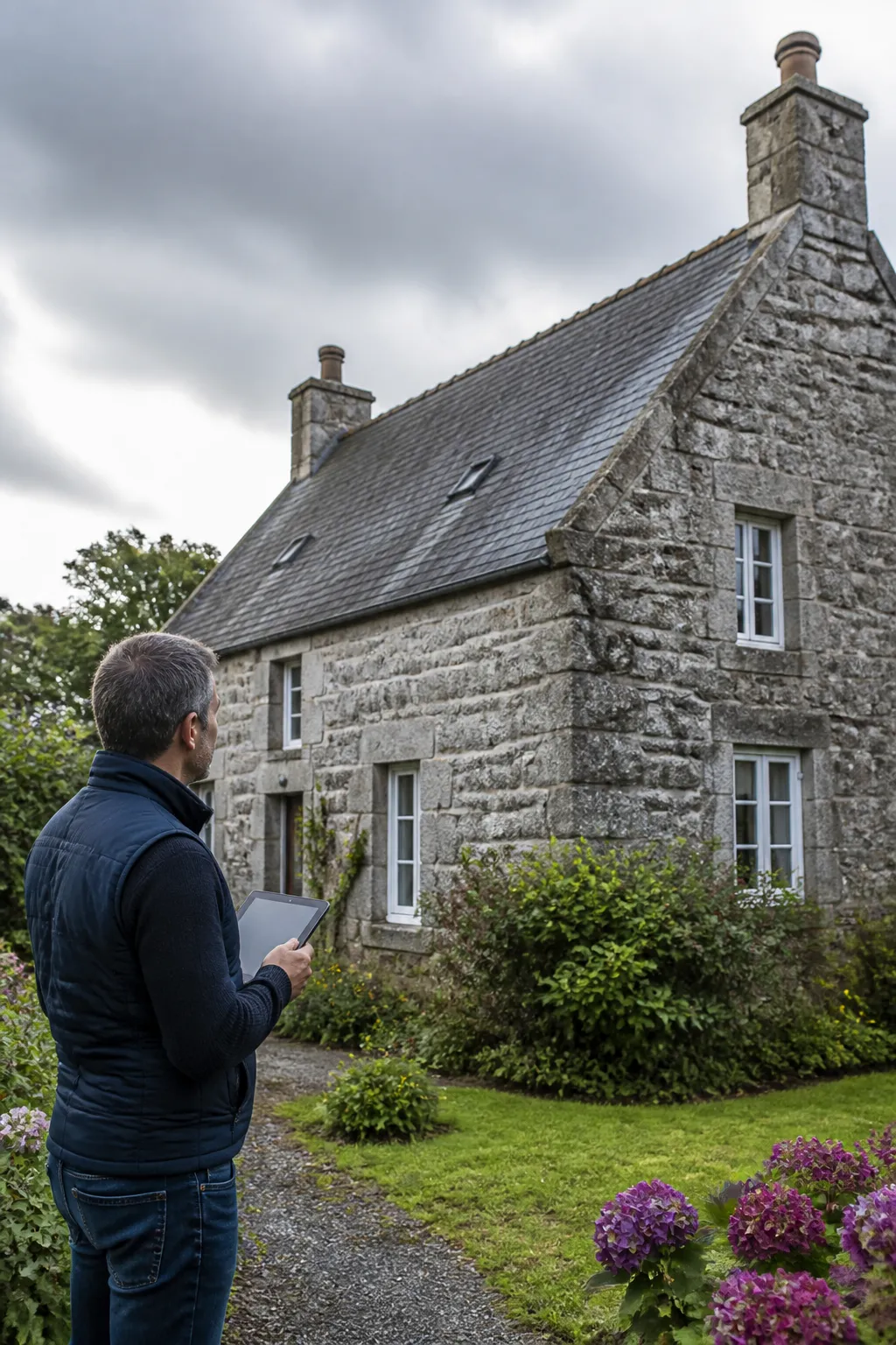 Expert en bâtiment devant une maison en granit couverte d’ardoise dans le Finistère
