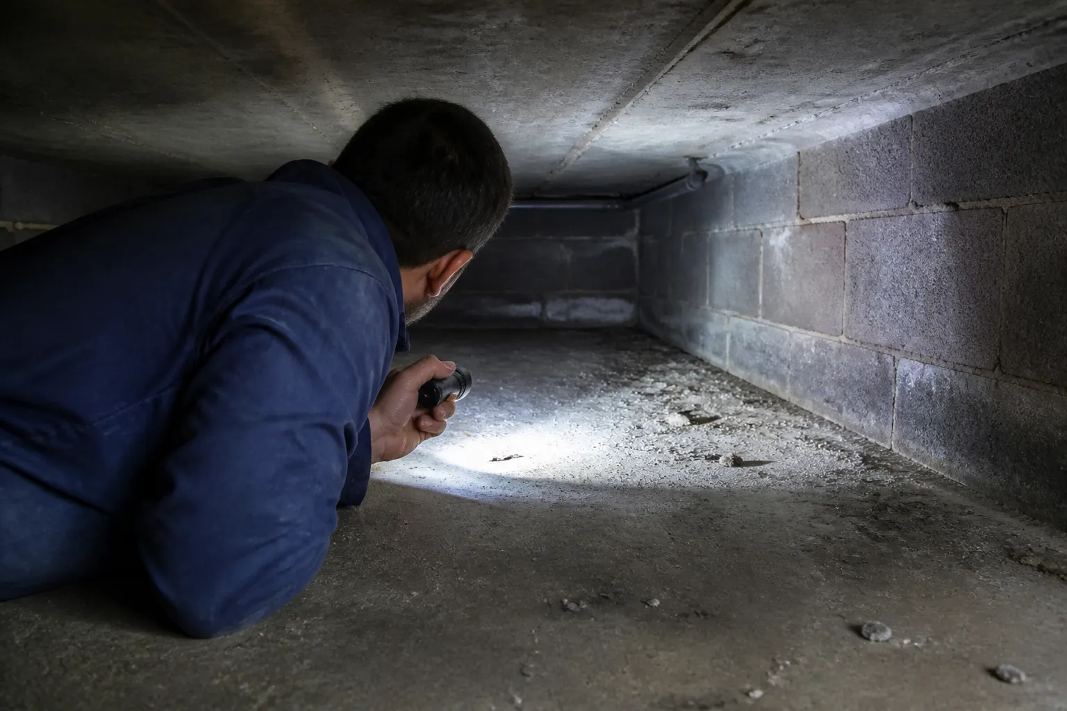 Vide sanitaire inspecté à la lampe lors d’une expertise avant achat