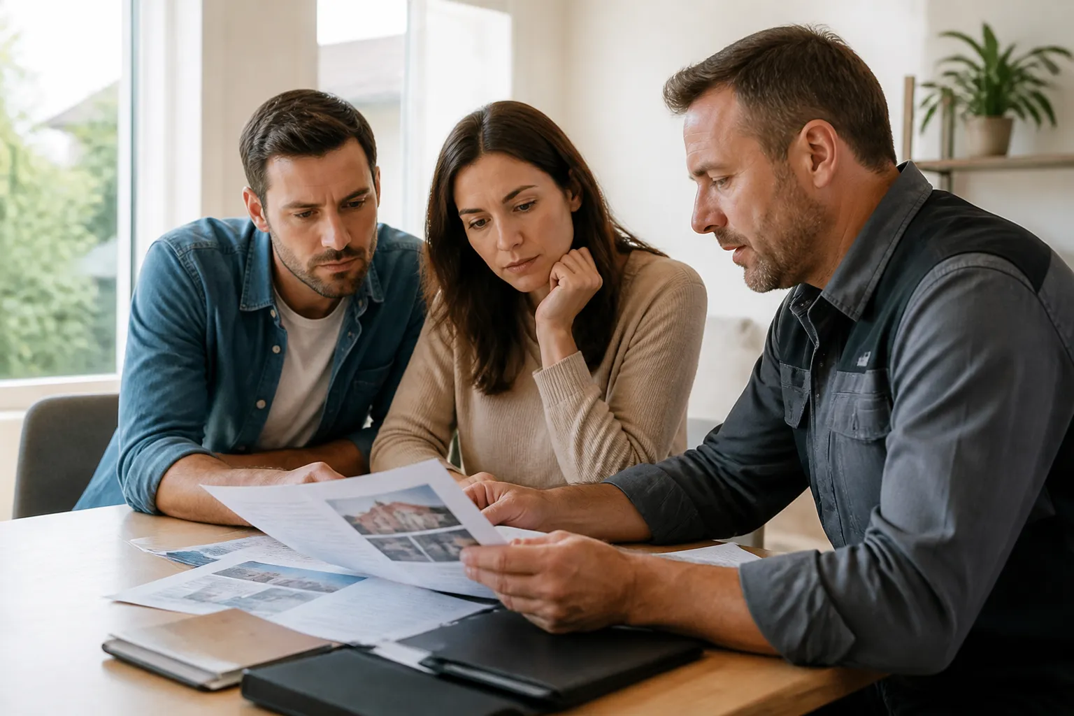 Acheteurs relisant un rapport d’expertise avec l’expert